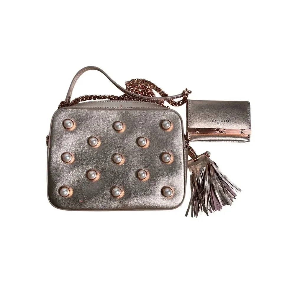 Ted Baker Rose Gold Pearl Embellished Leather Camera Bag